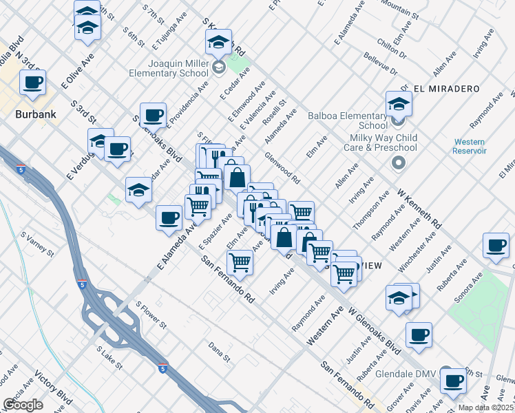 map of restaurants, bars, coffee shops, grocery stores, and more near 1117 Elm Avenue in Glendale