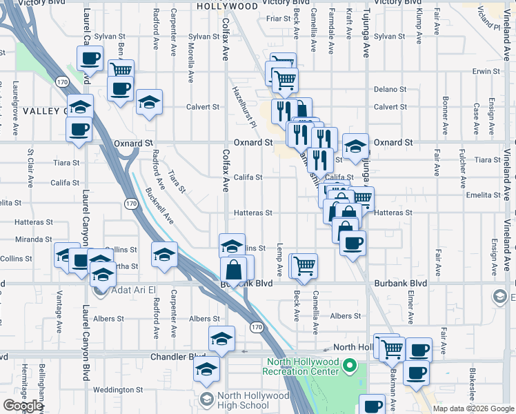 map of restaurants, bars, coffee shops, grocery stores, and more near 5809 Irvine Avenue in Los Angeles