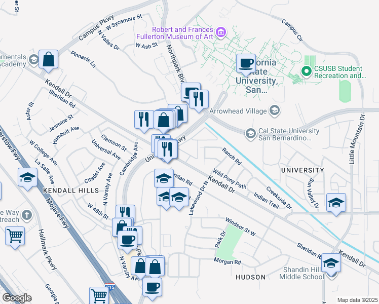 map of restaurants, bars, coffee shops, grocery stores, and more near 1660 Kendall Drive in San Bernardino