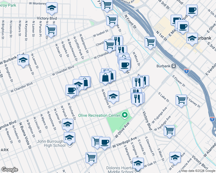 map of restaurants, bars, coffee shops, grocery stores, and more near 1200 West Magnolia Boulevard in Burbank