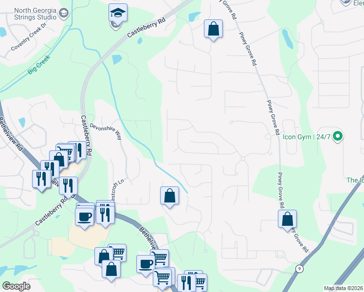map of restaurants, bars, coffee shops, grocery stores, and more near 5980 Weddington Drive in Cumming