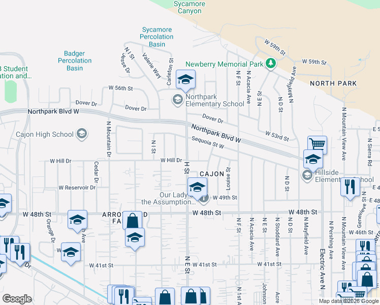 map of restaurants, bars, coffee shops, grocery stores, and more near 5205 North H Street in San Bernardino