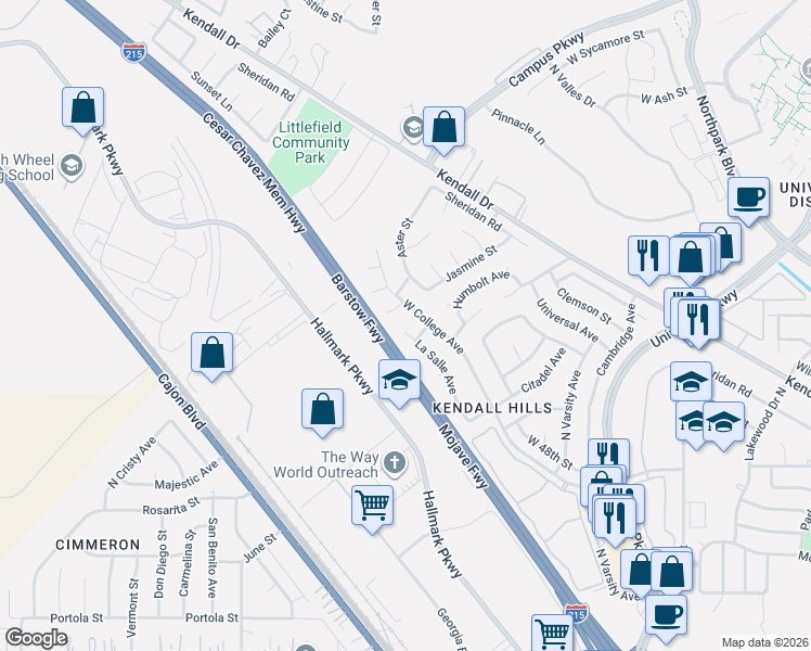 map of restaurants, bars, coffee shops, grocery stores, and more near 2370 La Salle Avenue in San Bernardino