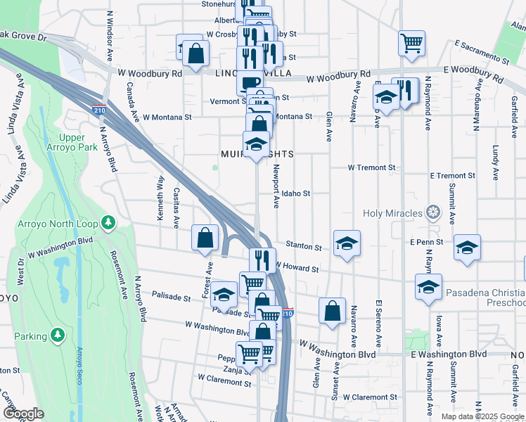map of restaurants, bars, coffee shops, grocery stores, and more near 1748 Lincoln Avenue in Pasadena