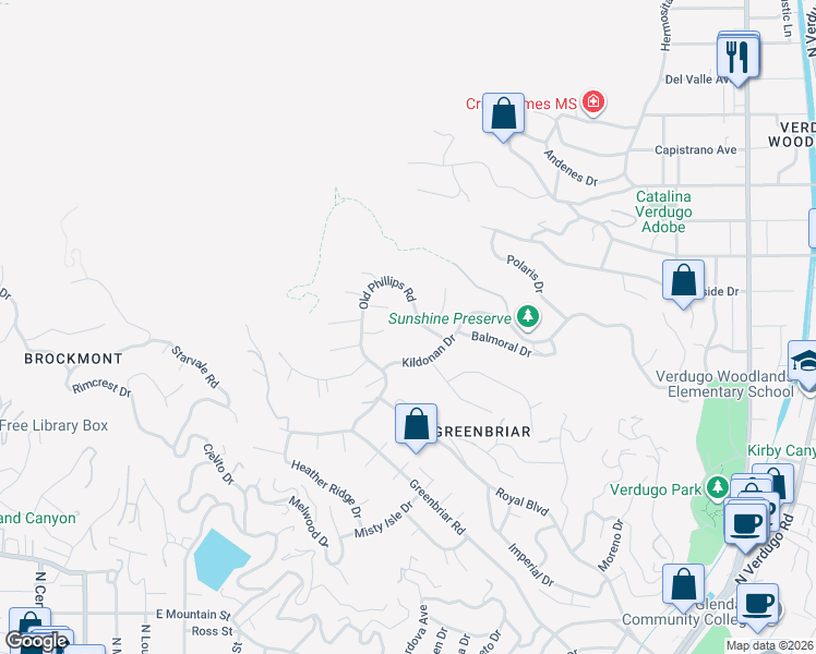 map of restaurants, bars, coffee shops, grocery stores, and more near 1186 Old Phillips Road in Glendale