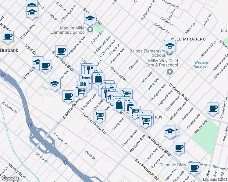 map of restaurants, bars, coffee shops, grocery stores, and more near 1128 Elm Avenue in Glendale