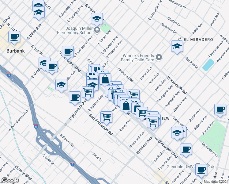 map of restaurants, bars, coffee shops, grocery stores, and more near 1128 Elm Avenue in Glendale
