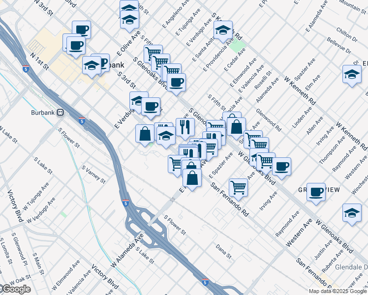 map of restaurants, bars, coffee shops, grocery stores, and more near 221 East Valencia Avenue in Burbank