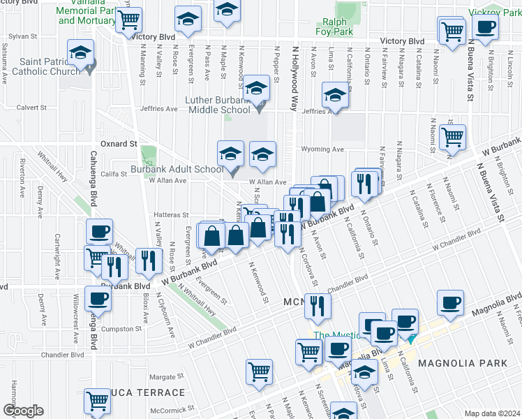 map of restaurants, bars, coffee shops, grocery stores, and more near 1441 North Edison Boulevard in Burbank