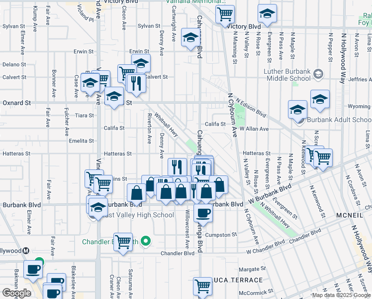 map of restaurants, bars, coffee shops, grocery stores, and more near 5804 Cartwright Avenue in Los Angeles