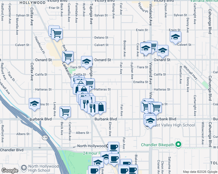 map of restaurants, bars, coffee shops, grocery stores, and more near 11305 Hatteras Street in Los Angeles