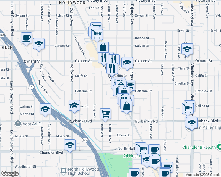 map of restaurants, bars, coffee shops, grocery stores, and more near in Los Angeles