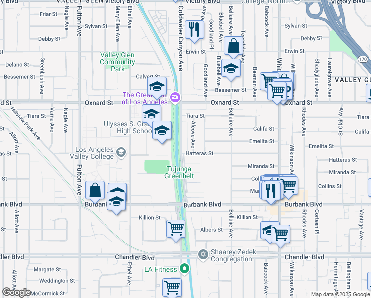 map of restaurants, bars, coffee shops, grocery stores, and more near 5807 Alcove Avenue in Los Angeles