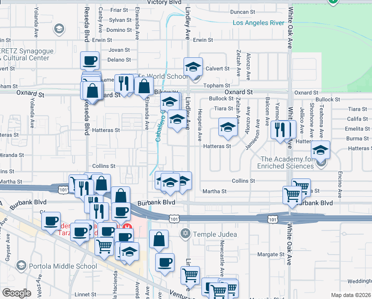 map of restaurants, bars, coffee shops, grocery stores, and more near 5744 Lindley Avenue in Los Angeles