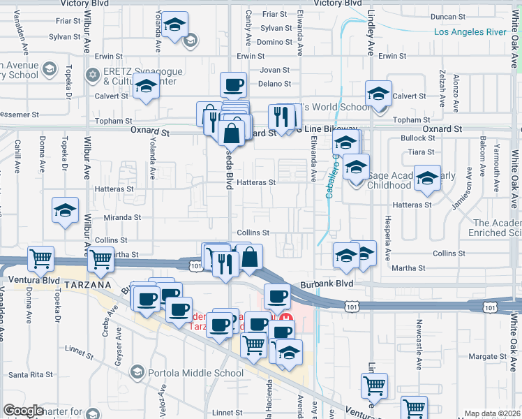 map of restaurants, bars, coffee shops, grocery stores, and more near 18415 Collins Street in Los Angeles