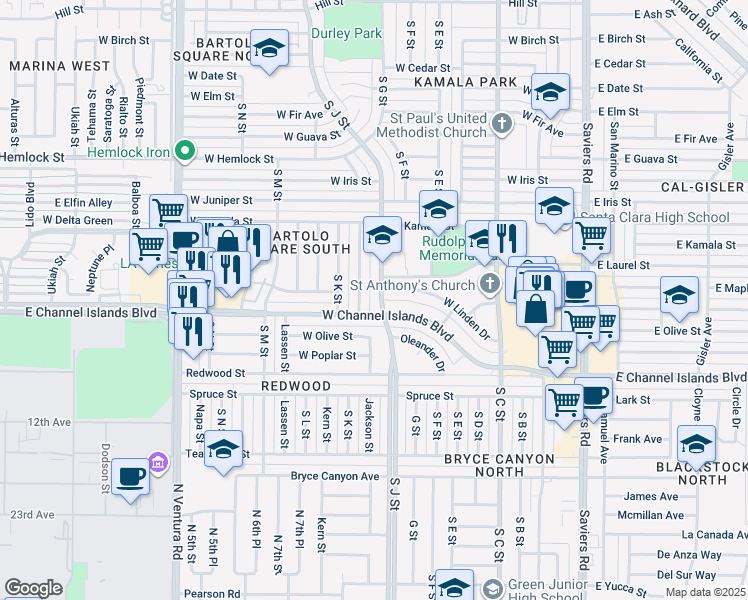 map of restaurants, bars, coffee shops, grocery stores, and more near 2610 Jackson Street in Oxnard