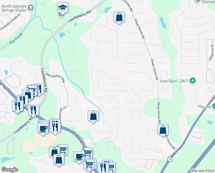 map of restaurants, bars, coffee shops, grocery stores, and more near 5925 Asby Way in Cumming