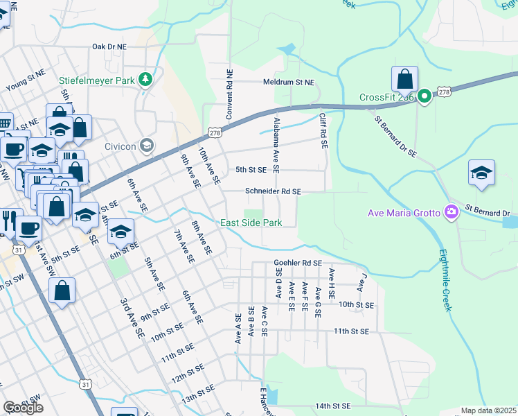 map of restaurants, bars, coffee shops, grocery stores, and more near 612 Avenue B Southeast in Cullman