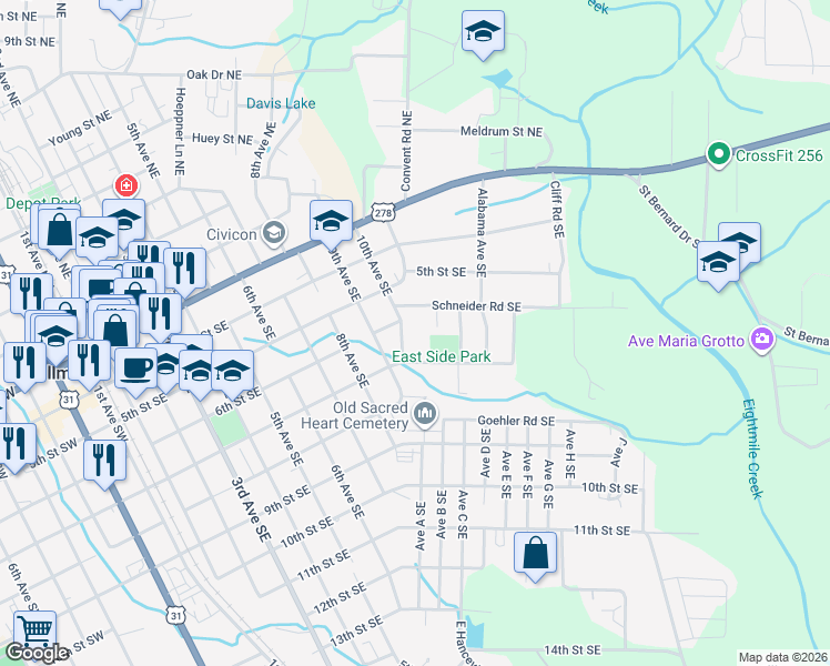 map of restaurants, bars, coffee shops, grocery stores, and more near C 3rd Avenue Northeast in Cullman