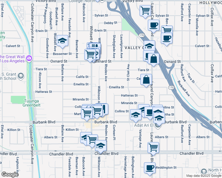 map of restaurants, bars, coffee shops, grocery stores, and more near 12348 Emelita Street in Los Angeles