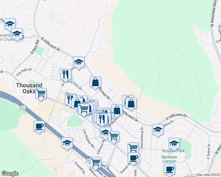 map of restaurants, bars, coffee shops, grocery stores, and more near 363 Westlake Vista Lane in Thousand Oaks