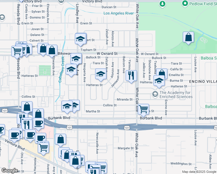 map of restaurants, bars, coffee shops, grocery stores, and more near 5755 Jamieson Avenue in Los Angeles
