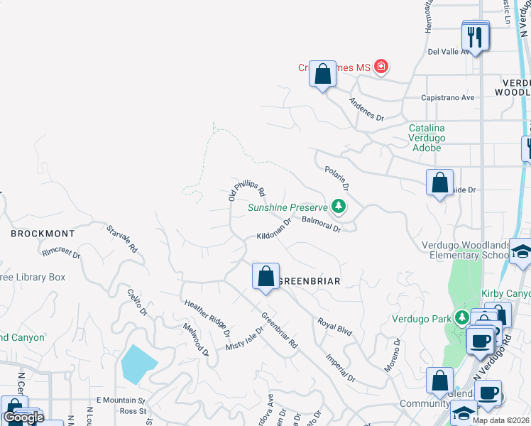 map of restaurants, bars, coffee shops, grocery stores, and more near 1186 Old Phillips Road in Glendale