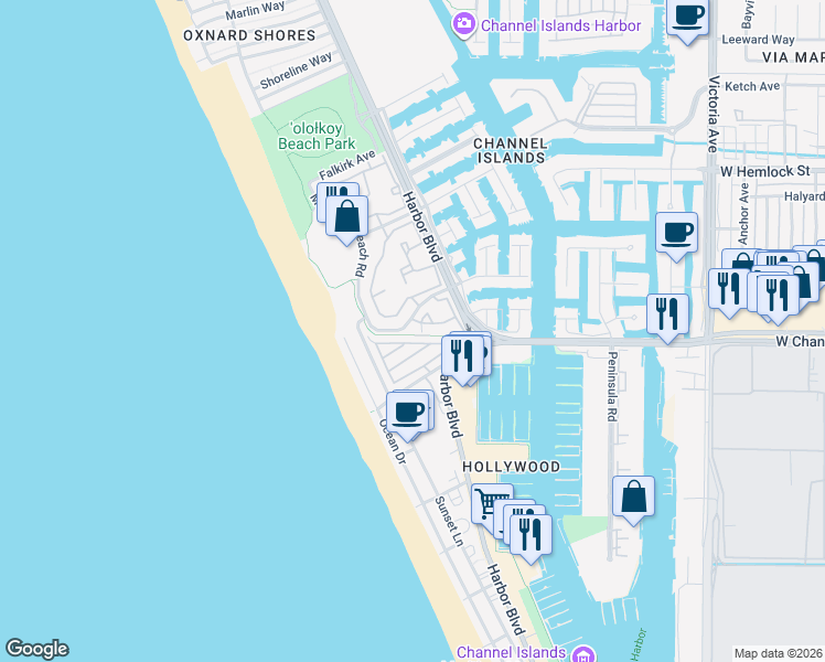 map of restaurants, bars, coffee shops, grocery stores, and more near 4510 Antigua Way in Oxnard