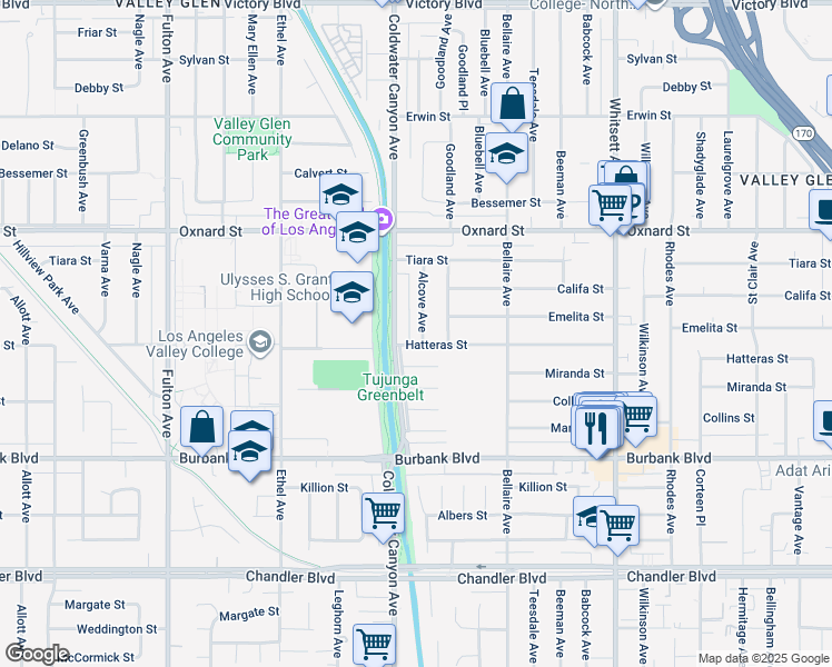 map of restaurants, bars, coffee shops, grocery stores, and more near 5807 Alcove Avenue in Los Angeles