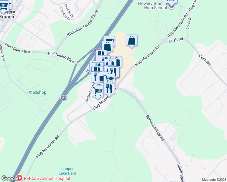 map of restaurants, bars, coffee shops, grocery stores, and more near 4865 Hog Mountain Road in Flowery Branch