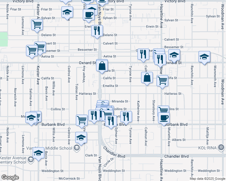 map of restaurants, bars, coffee shops, grocery stores, and more near 14409 Hatteras Street in Los Angeles