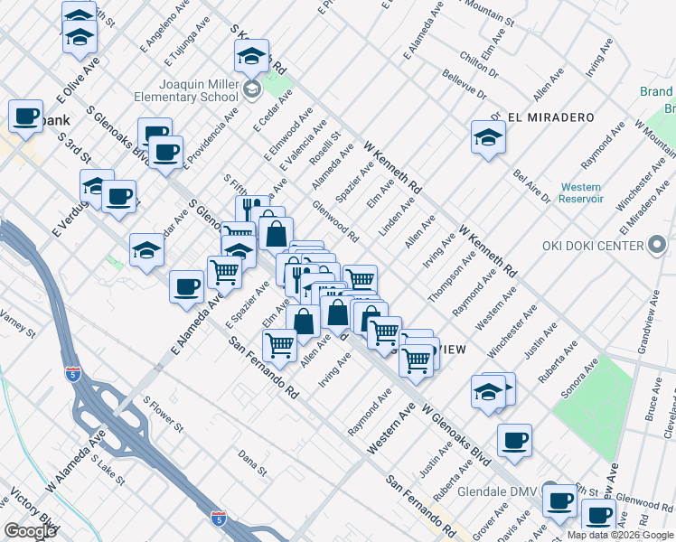 map of restaurants, bars, coffee shops, grocery stores, and more near 1148 Linden Avenue in Glendale