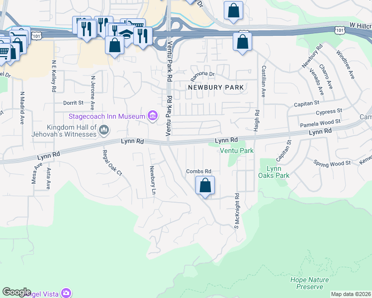 map of restaurants, bars, coffee shops, grocery stores, and more near 125 Pepper Road in Thousand Oaks