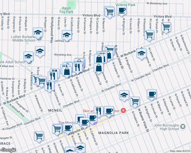 map of restaurants, bars, coffee shops, grocery stores, and more near 1215 North Catalina Street in Burbank