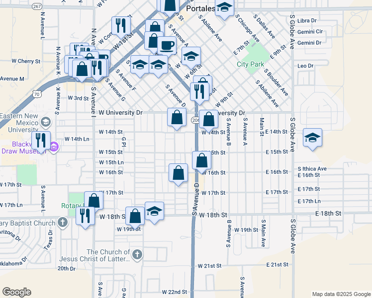 map of restaurants, bars, coffee shops, grocery stores, and more near 510 West 15th Street in Portales