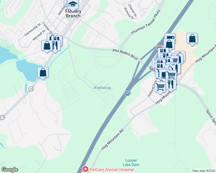 map of restaurants, bars, coffee shops, grocery stores, and more near 5816 Bradshaw Court in Flowery Branch