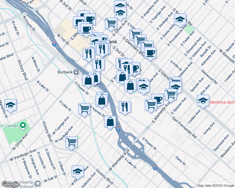 map of restaurants, bars, coffee shops, grocery stores, and more near 52 East Santa Anita Avenue in Burbank