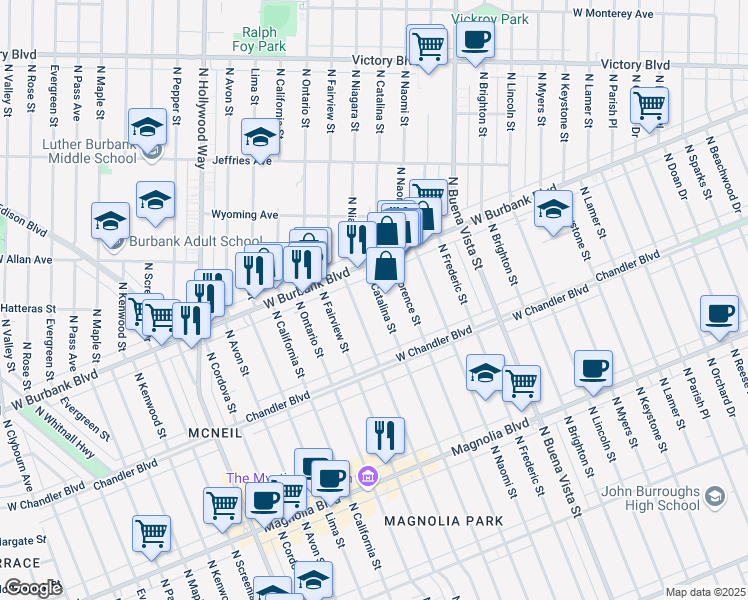 map of restaurants, bars, coffee shops, grocery stores, and more near 1215 North Catalina Street in Burbank