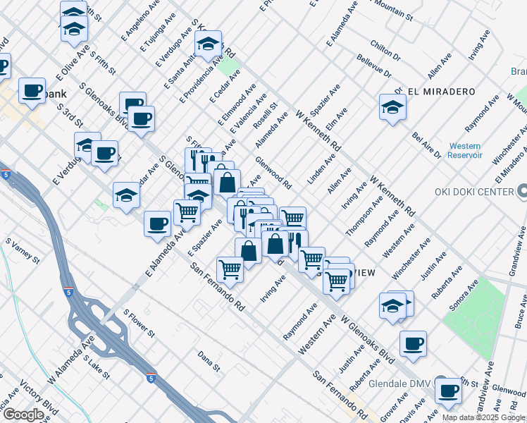 map of restaurants, bars, coffee shops, grocery stores, and more near 1132 Elm Avenue in Glendale