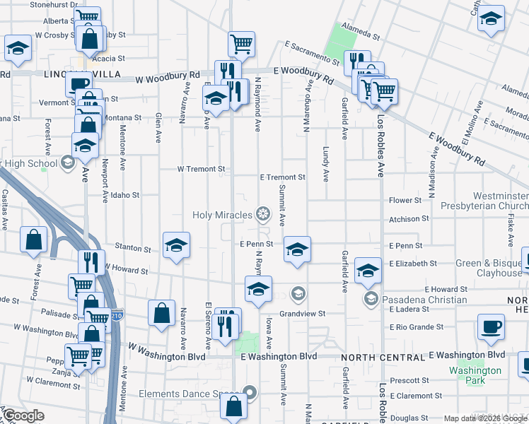map of restaurants, bars, coffee shops, grocery stores, and more near 1764 North Raymond Avenue in Pasadena