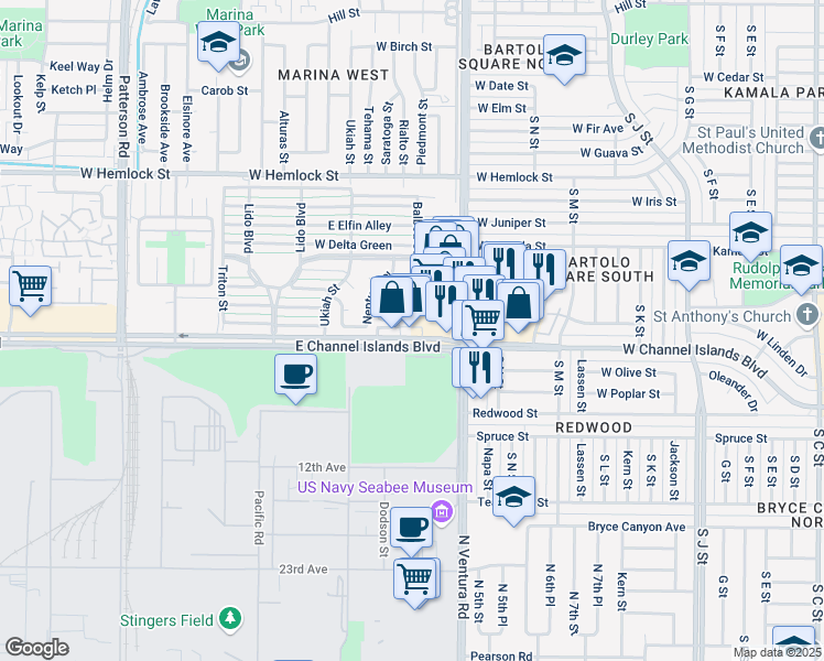 map of restaurants, bars, coffee shops, grocery stores, and more near 271 East Channel Islands Boulevard in Port Hueneme