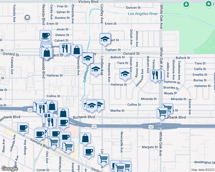 map of restaurants, bars, coffee shops, grocery stores, and more near 5744 Lindley Avenue in Los Angeles