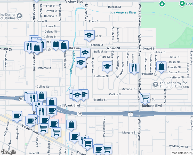 map of restaurants, bars, coffee shops, grocery stores, and more near 5785 Bertrand Avenue in Los Angeles