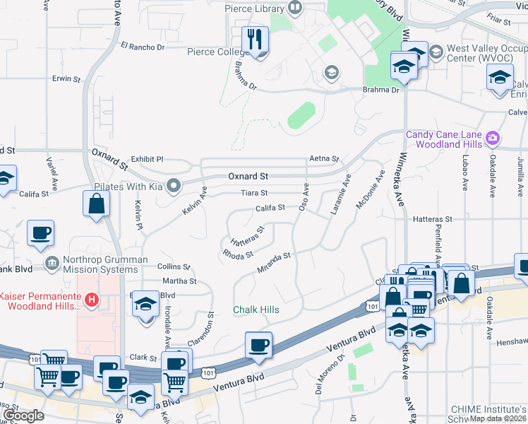 map of restaurants, bars, coffee shops, grocery stores, and more near 20500 Califa Street in Los Angeles
