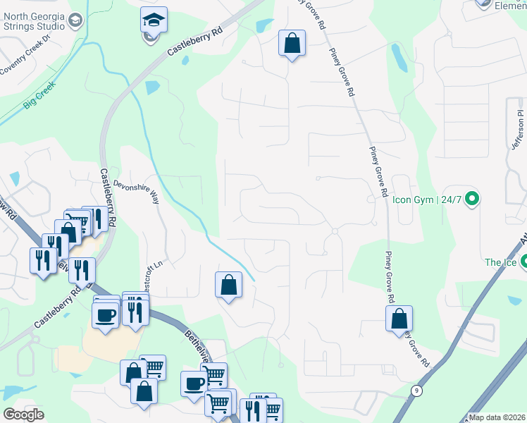 map of restaurants, bars, coffee shops, grocery stores, and more near 5925 Asby Way in Cumming