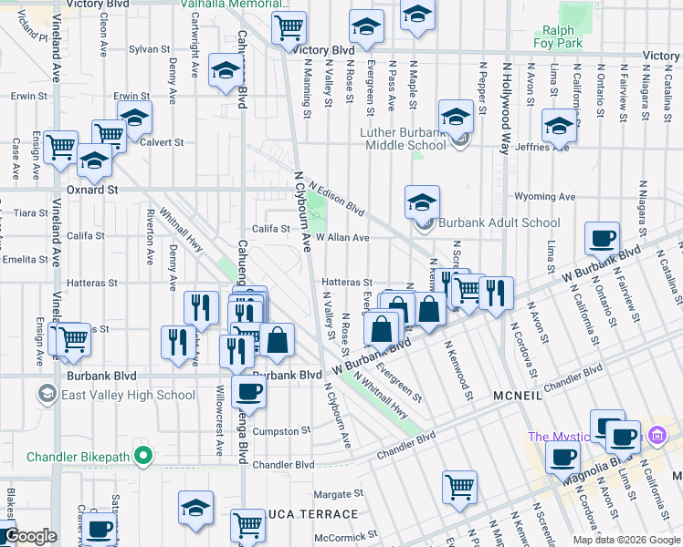map of restaurants, bars, coffee shops, grocery stores, and more near 1505 North Rose Street in Burbank