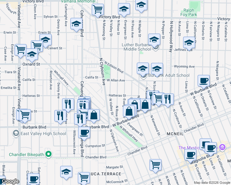 map of restaurants, bars, coffee shops, grocery stores, and more near 1505 North Rose Street in Burbank