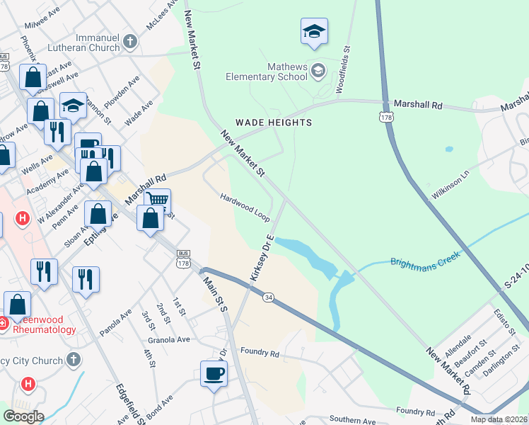 map of restaurants, bars, coffee shops, grocery stores, and more near 202 Hardwood Loop in Greenwood