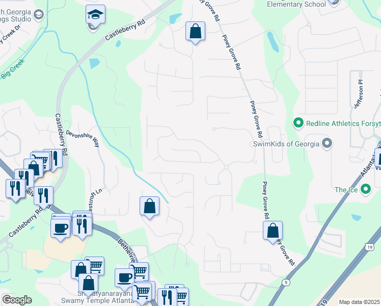 map of restaurants, bars, coffee shops, grocery stores, and more near 5815 Asby Way in Cumming