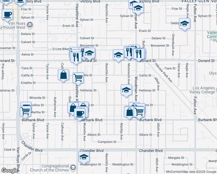 map of restaurants, bars, coffee shops, grocery stores, and more near 5810 Ranchito Avenue in Los Angeles